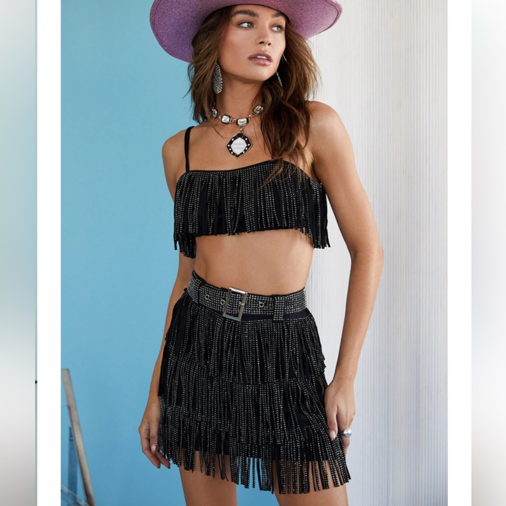 12 Tribe Black Suede Shimmy Rhinestone Fringe Set size Small